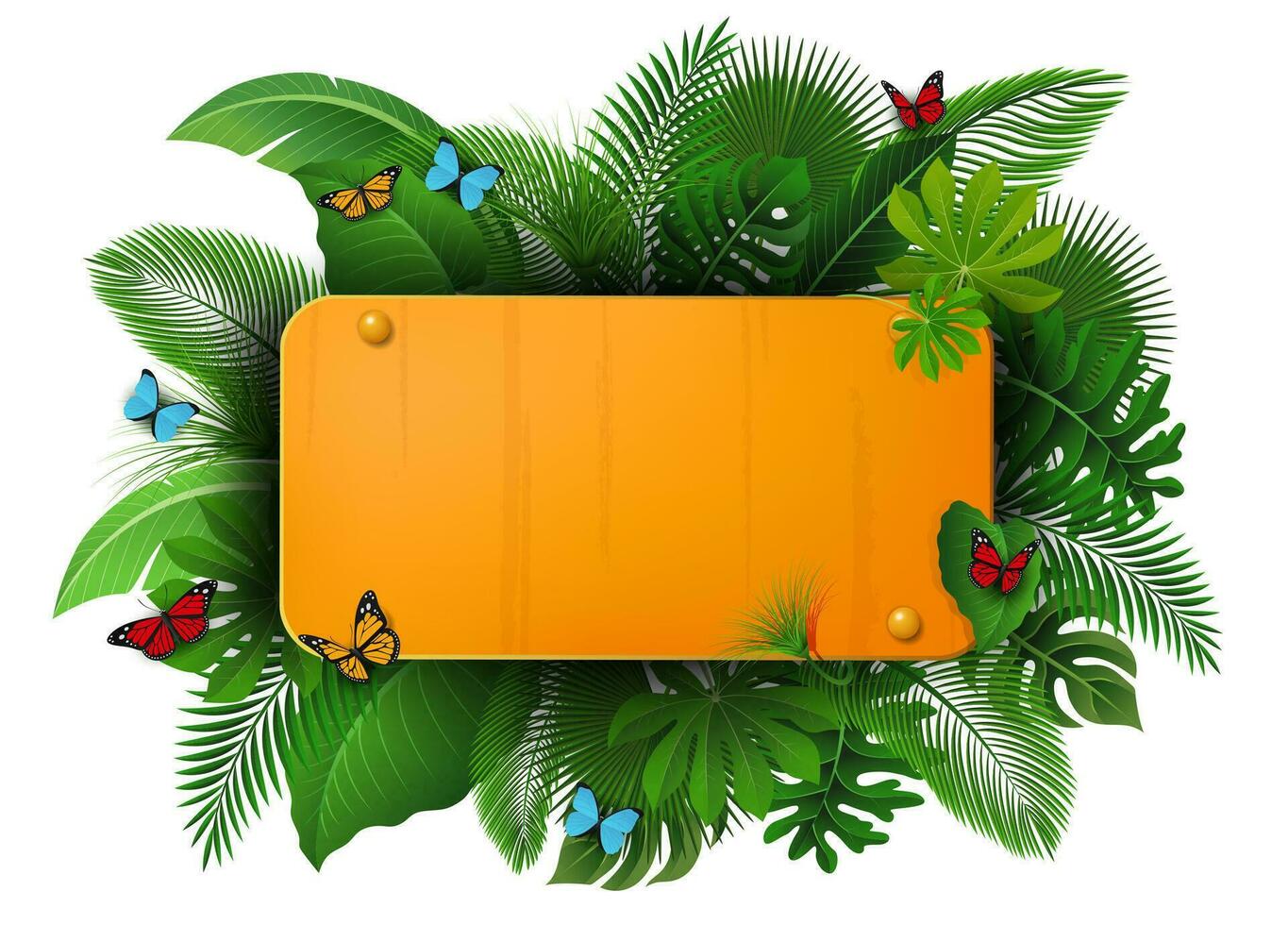 Gold Sign with Text Space of Tropical Leaves and Butterflies. Suitable For Nature Concept, Vacation, and Summer Holiday, Vector Illustration