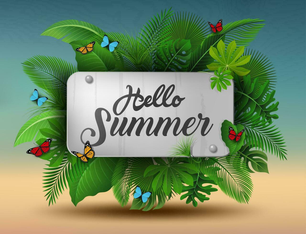 Hello Summer Sign with Tropical Leaves and Butterflies. Suitable For Summer Concept, Vacation, and Summer Holiday, Vector Illustration