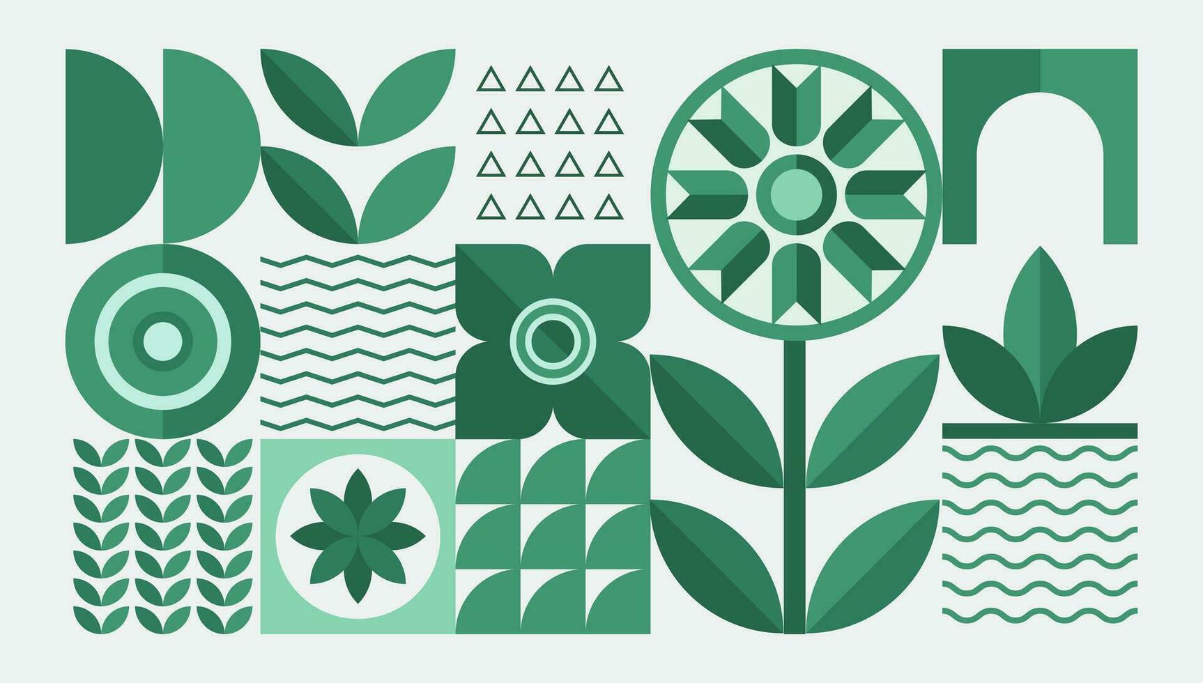 Bauhaus plants, natural geometric pattern in tiles, decorative abstract art with flowers and leaves, vector illustration, banner, wallpaper.
