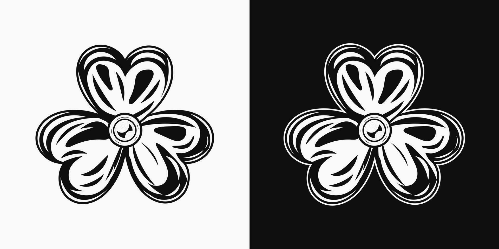 Black and white illustration of clover, shamrock. St Patrick's Day decoration. Vintage style vector