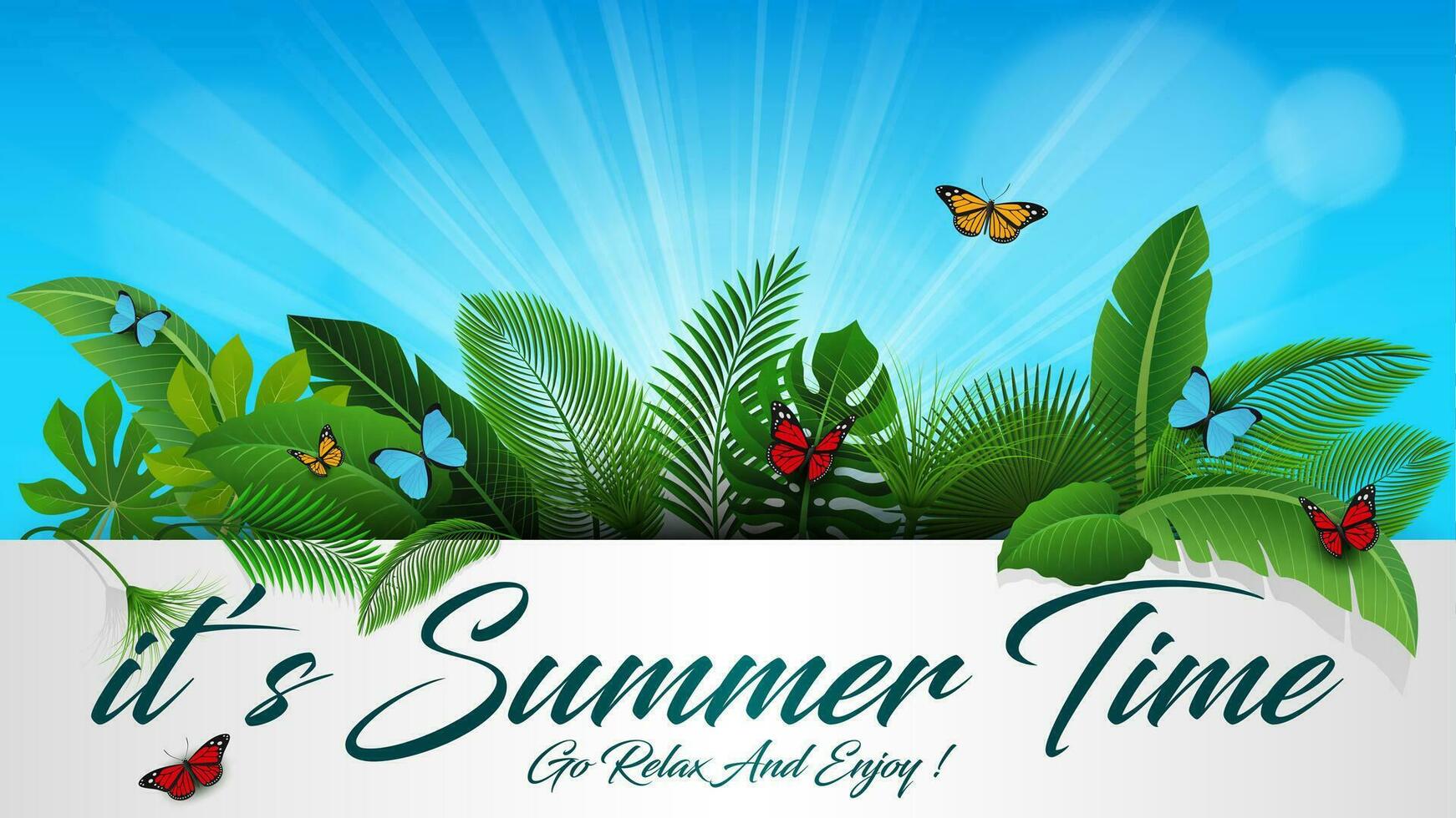 It's Summer Time Sign with Tropical Leaves and Butterflies. Suitable For Summer Concept, Vacation, and Summer Holiday, Vector Illustration