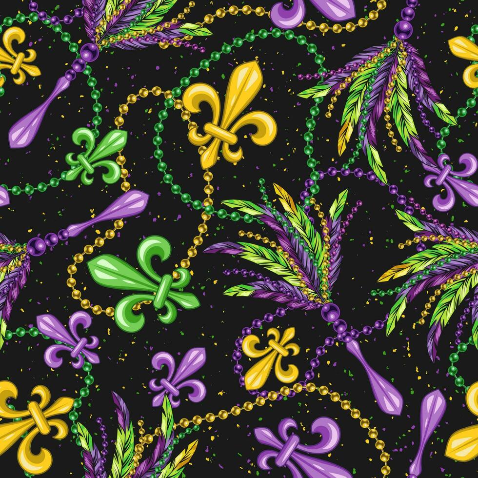 Seamless pattern with fleur de lis, strings of beads, feathers. vector
