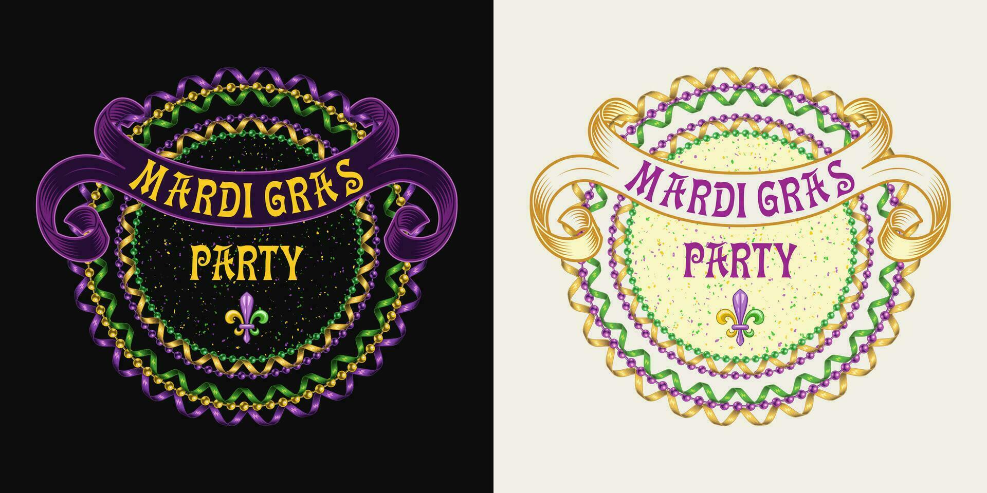 Circular label with strings of beads, party streamer, fleur de lis sign, twisted ribbon with text Vintage illustration for Mardi Gras carnival For prints, clothing, t shirt, holiday goods stuff design vector