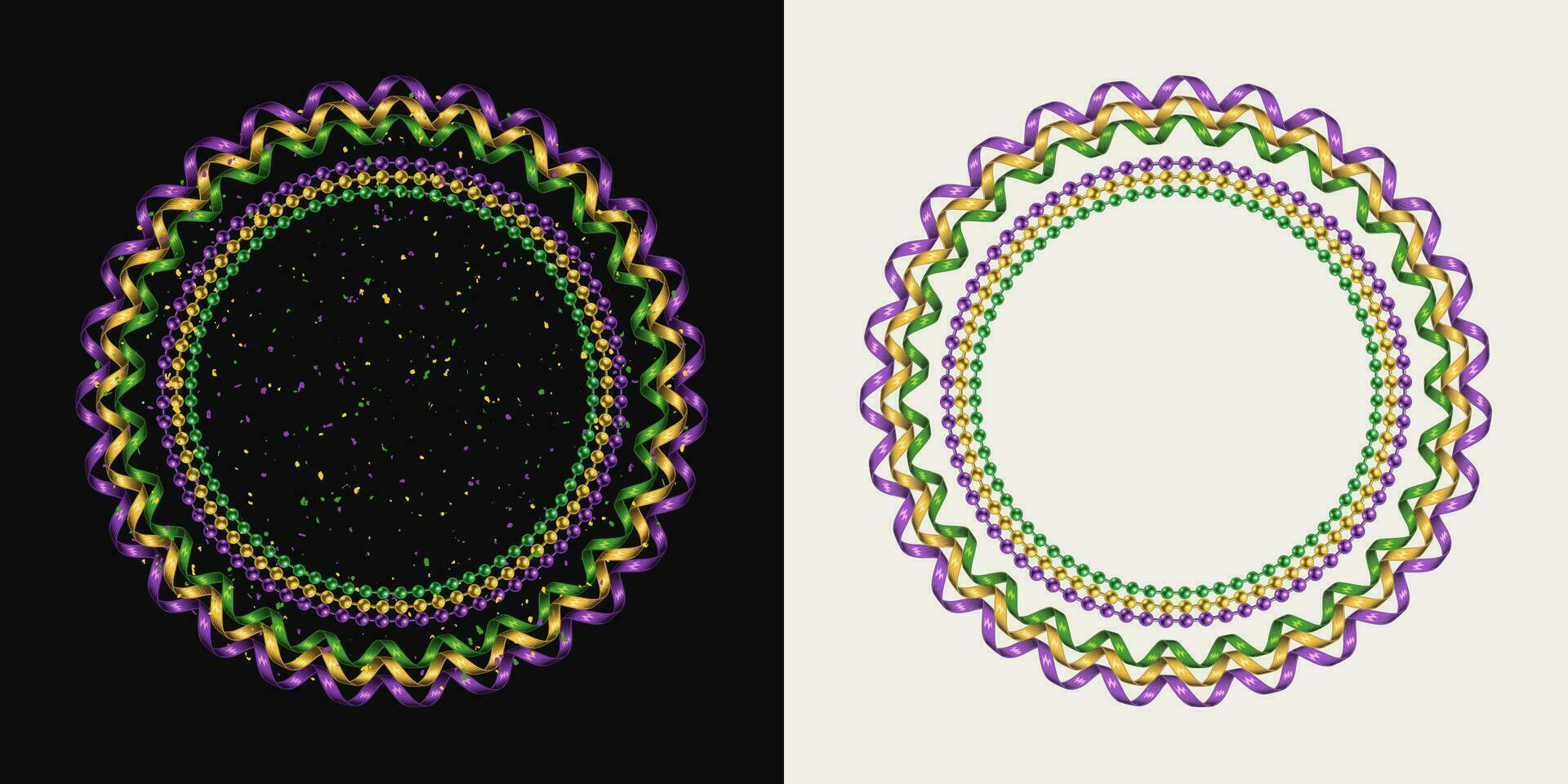 Vintage vertical circular frame made of spiral party streamers, ribbons, strings of beads. Place for text, copy space. For Mardi Gras holiday decoration. vector