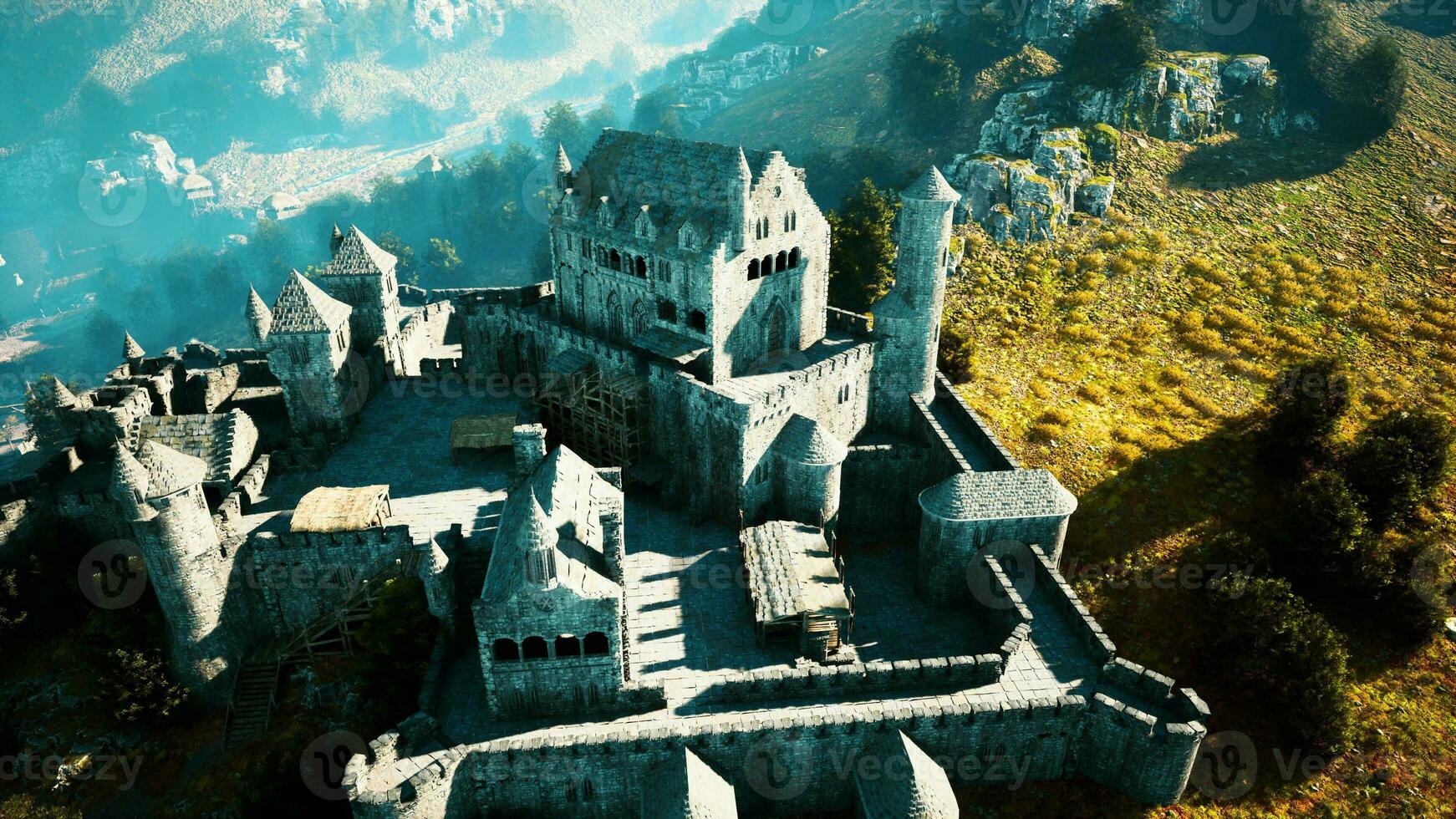 Old ruined castle in the misty mountains photo