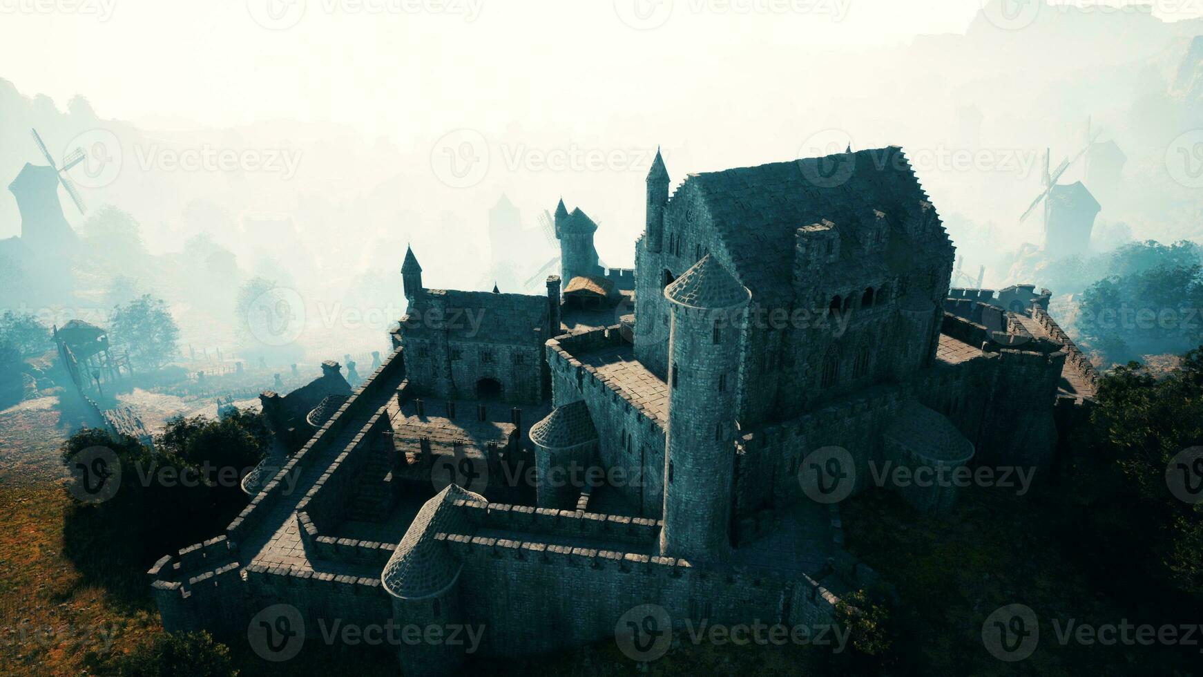 Beautiful drone view of the old castle with park on the hill photo