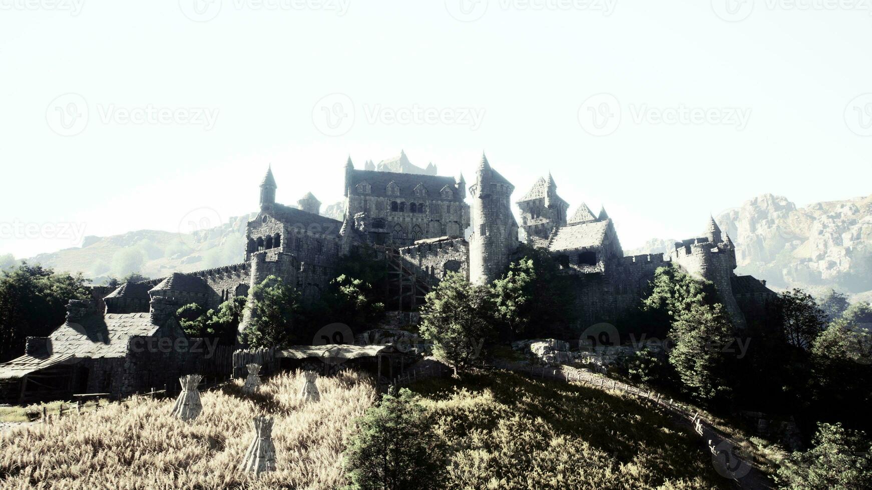 Beautiful drone view of the old castle with park on the hill photo