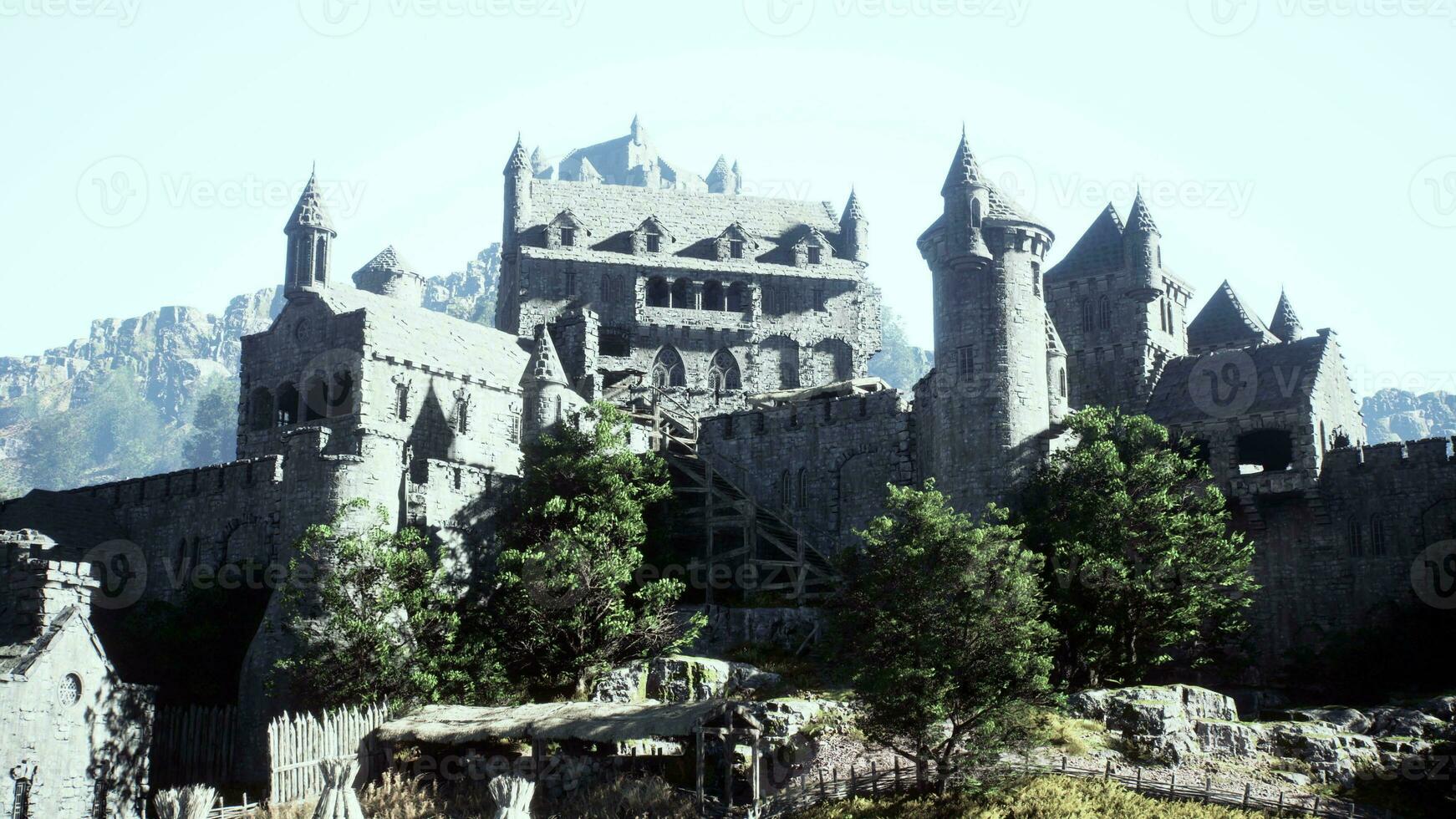 Aerial view ruins of medieval castle photo