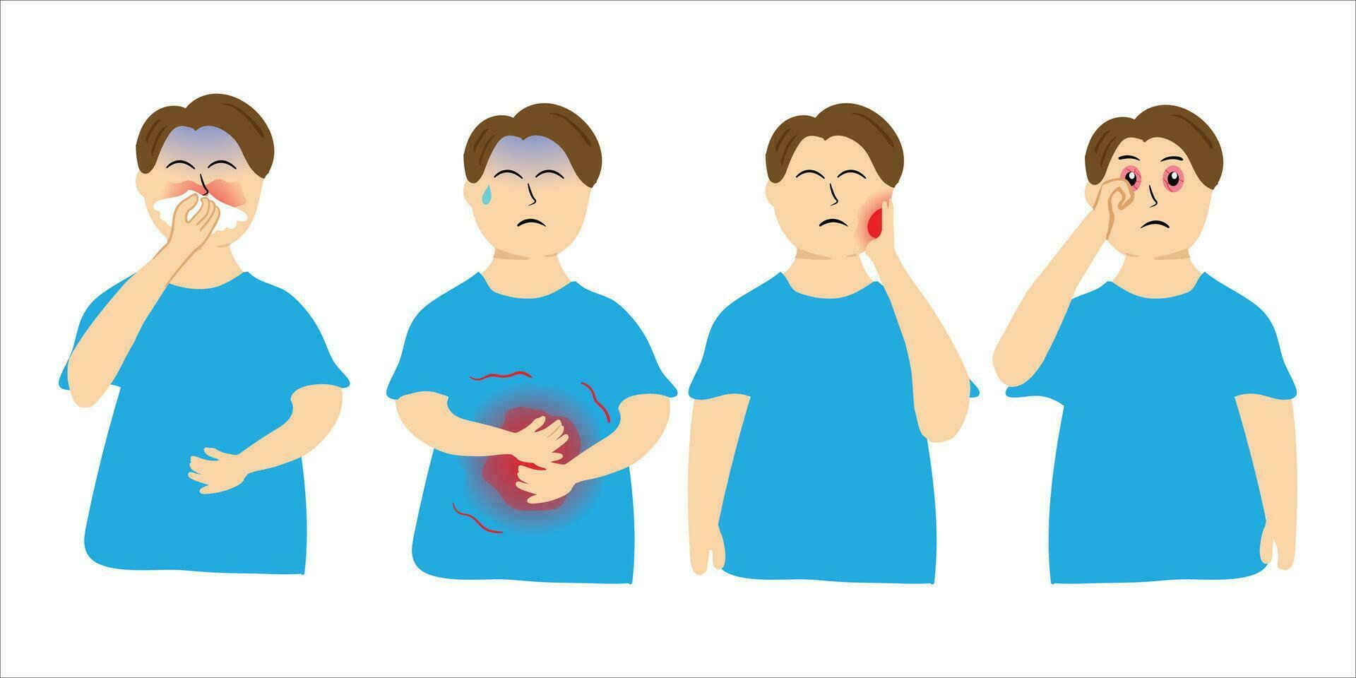 Sick boy, fever, flu, runny nose, sakit perut, toothache, and others. vector illustration isolated on white background