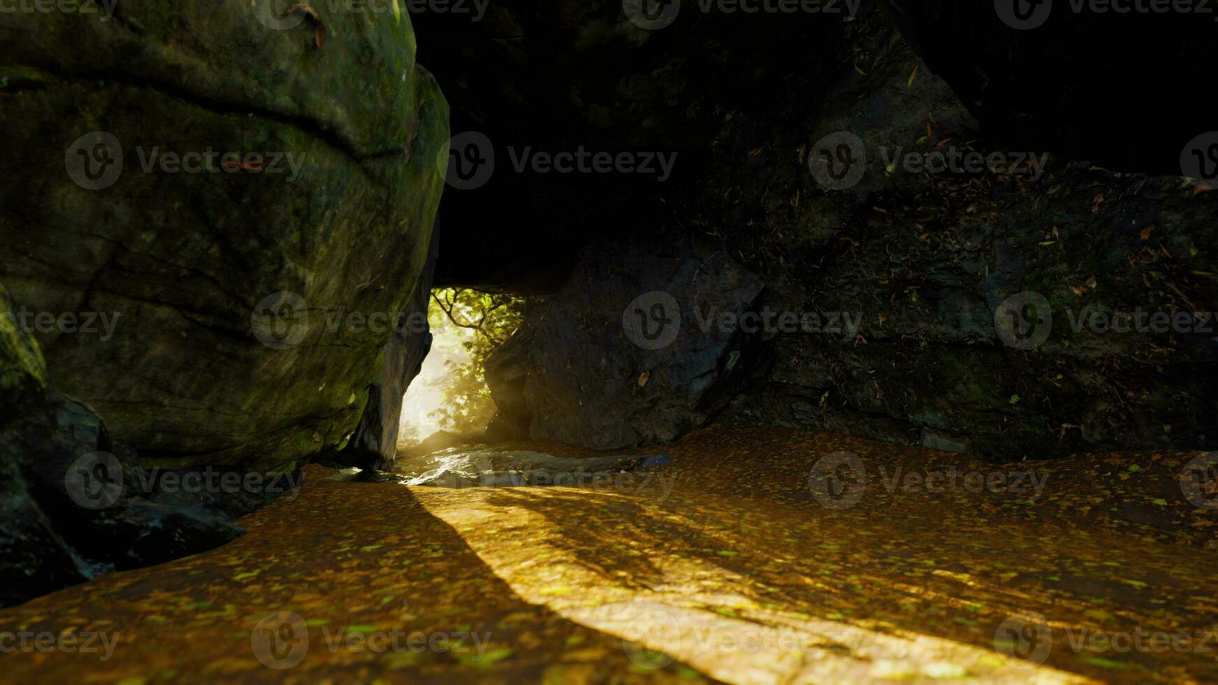 Empty road goes through the cave with glowing end photo