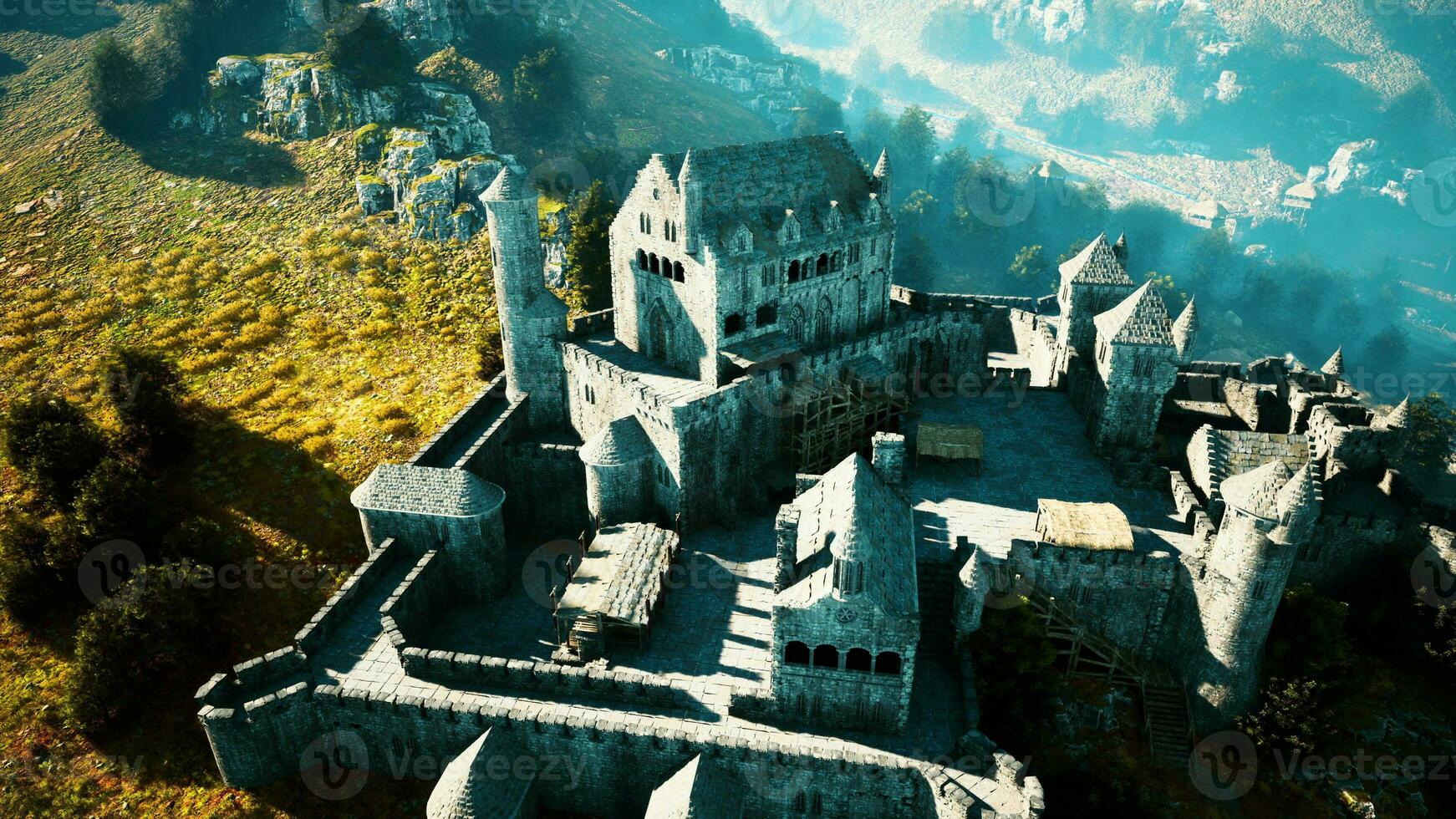 Beautiful drone view of the old castle with park on the hill photo