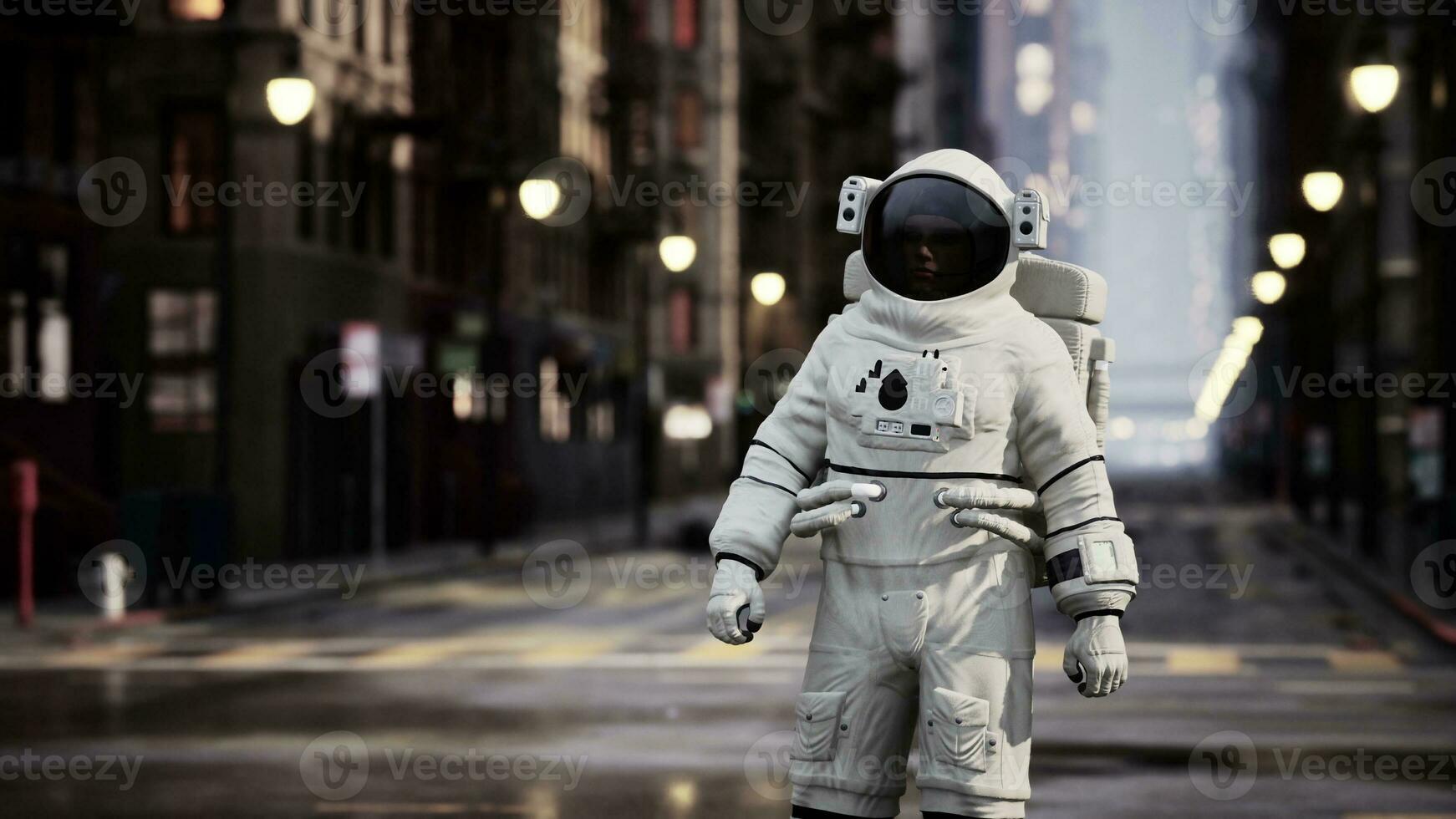 solitary astronaut in a space suit is amidst the hustle and bustle of the city photo