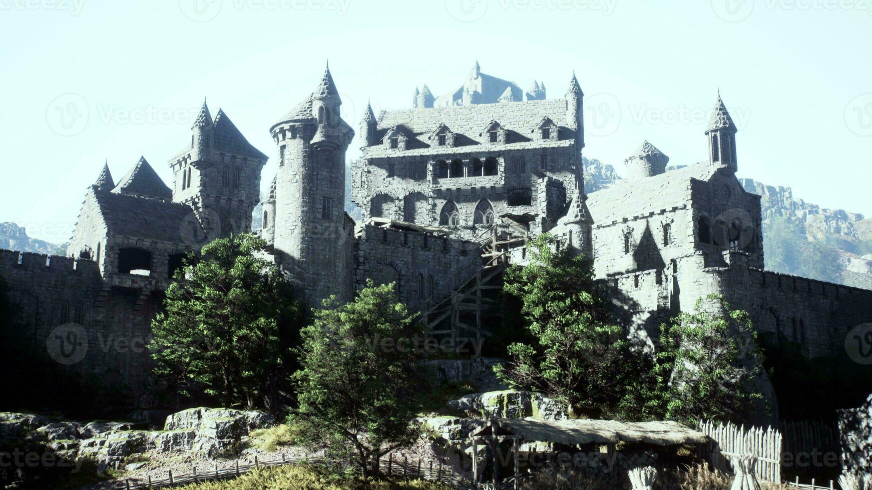 Aerial view of medieval castle with inner and outer courtyard photo