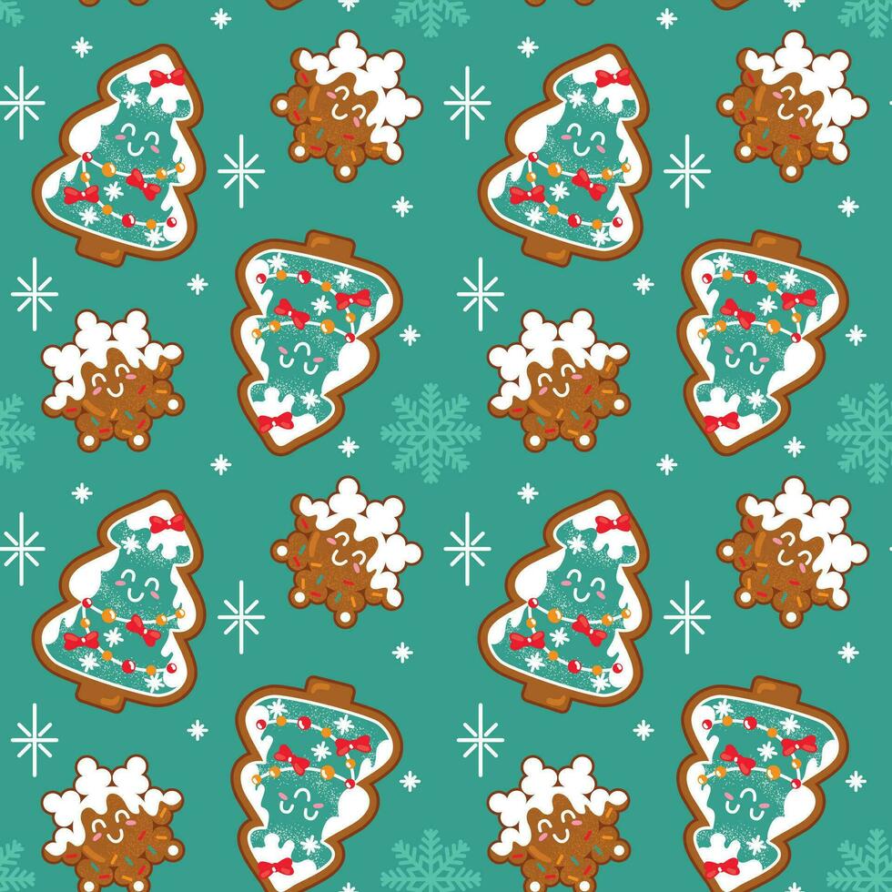 Gingerbread Man and other traditional christmas cookies. Seamless pattern on a green background. Vector. vector