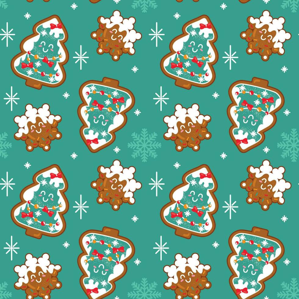 Gingerbread Man and other traditional christmas cookies. Seamless pattern on a green background. Vector. vector