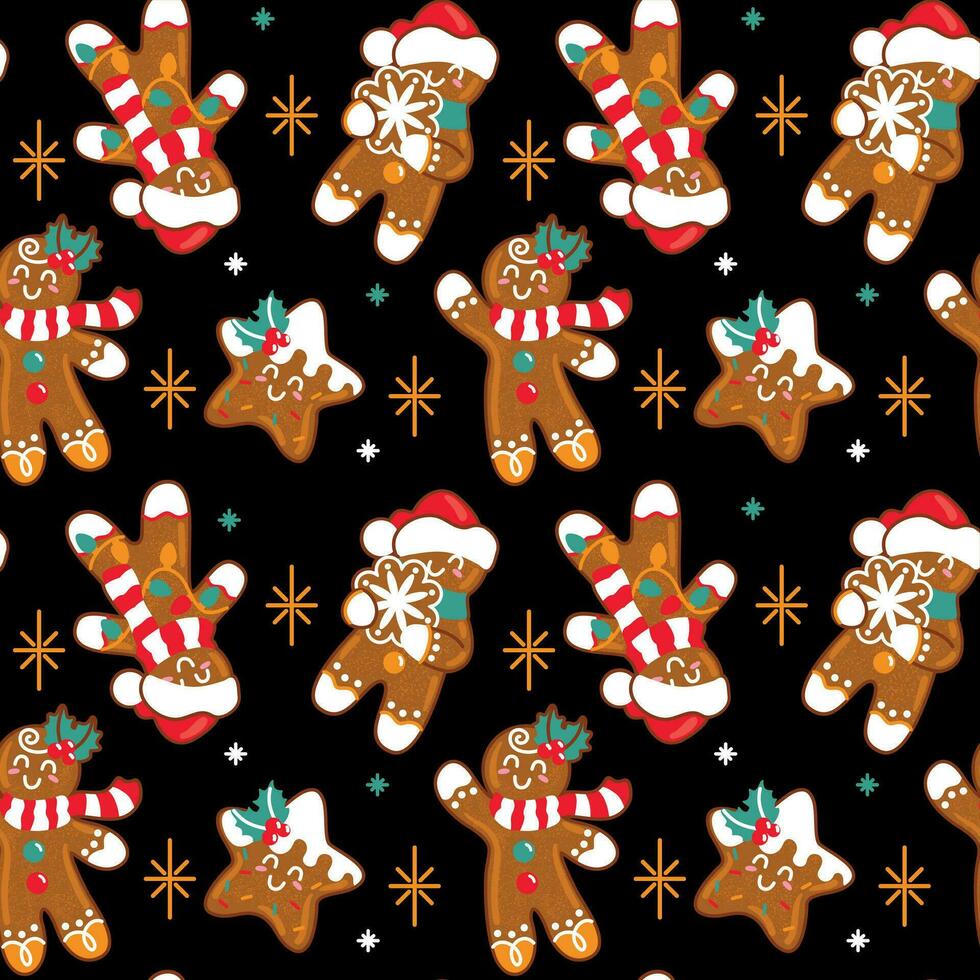 Gingerbread Man and other traditional christmas cookies. Seamless pattern on a black background. Vector. vector