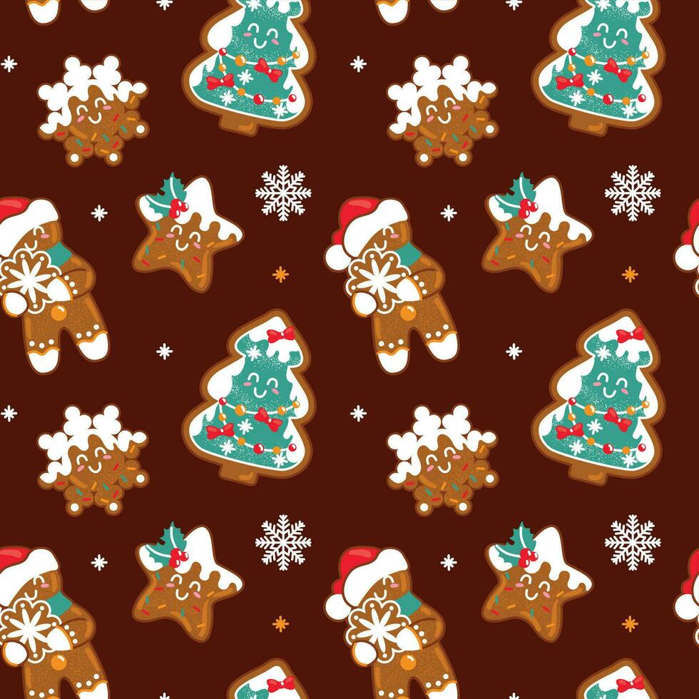 Gingerbread Man and other traditional christmas cookies. Seamless pattern on a brown background. Vector. vector