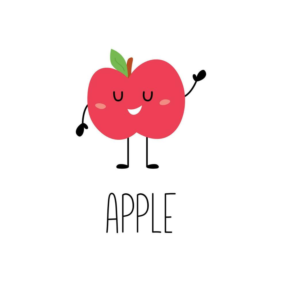 linda sonriente manzana personaje. vegetal con eso nombre tarjeta para niños aprendiendo. vector dibujos animados ilustración. aislado en blanco antecedentes