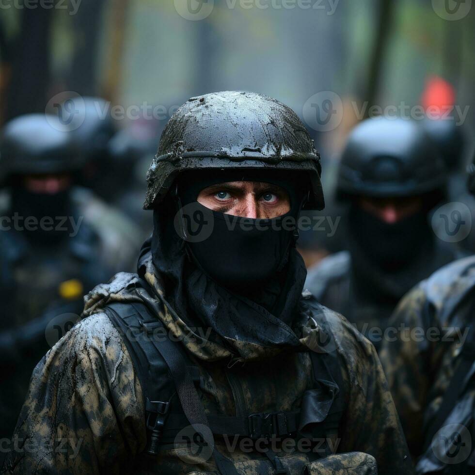 ai generado guerra soldado con barro en su cara y casco foto