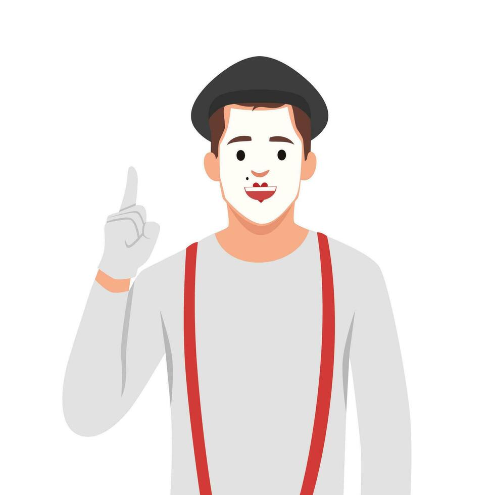 French mime icon, A mime shows a full length pantomime pointing his finger up. vector