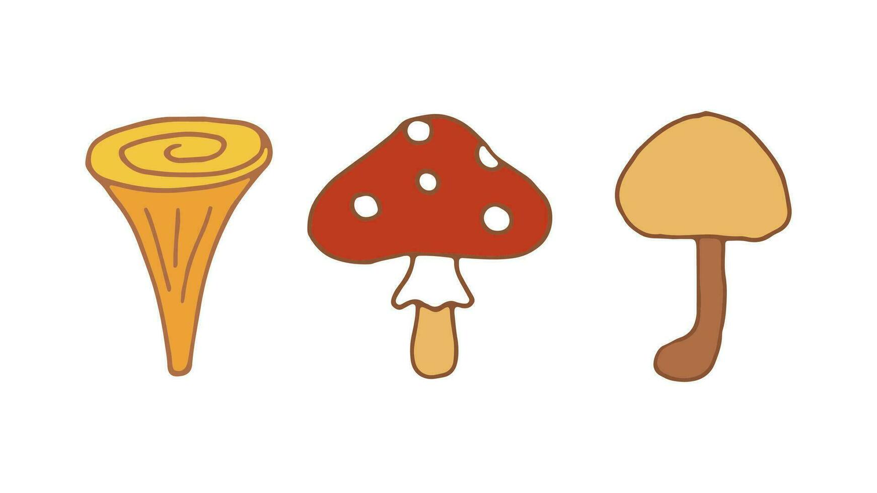 Set of Mushrooms in Doodle style. Colorful Hand drawing. Autumn Forest collection isolated on white background. vector