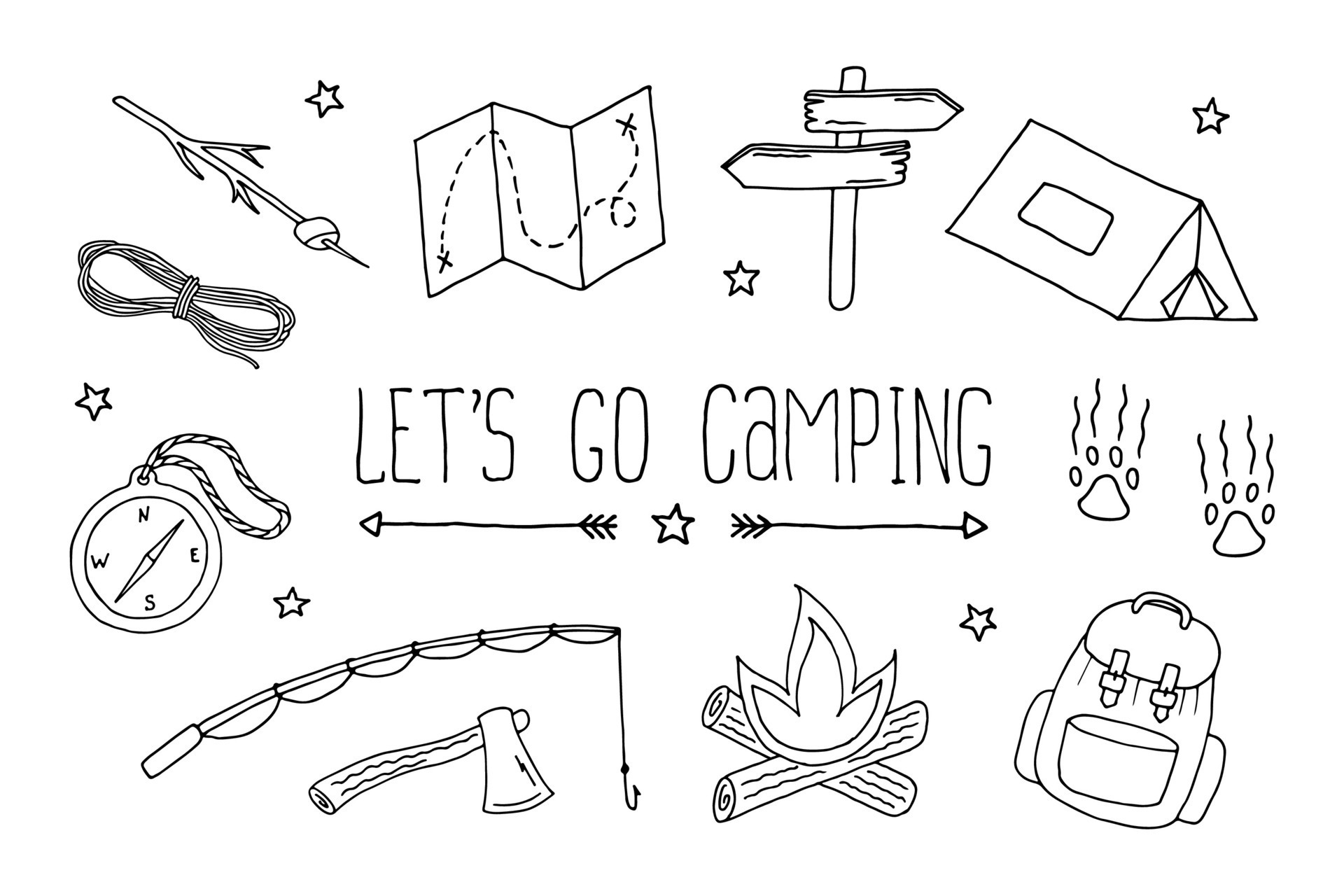 Lets Go Camping Set. Backpacking drawing, editable doodle illustration