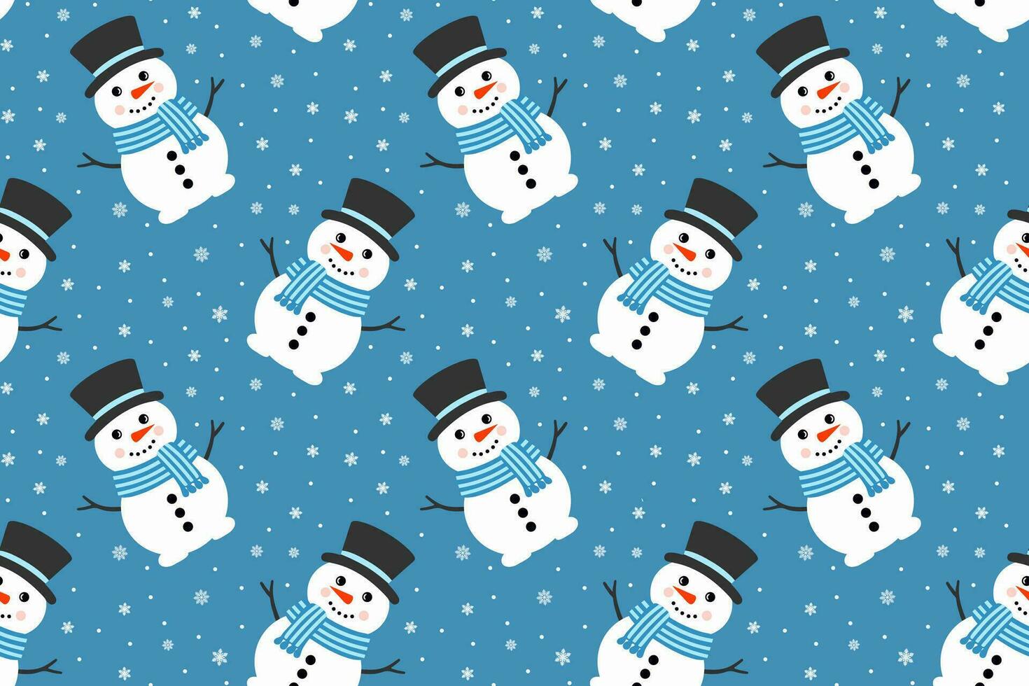 Cute Vector Snowman Seamless Pattern. Falling Snowflakes on Blue Background. Christmas and New Year Design