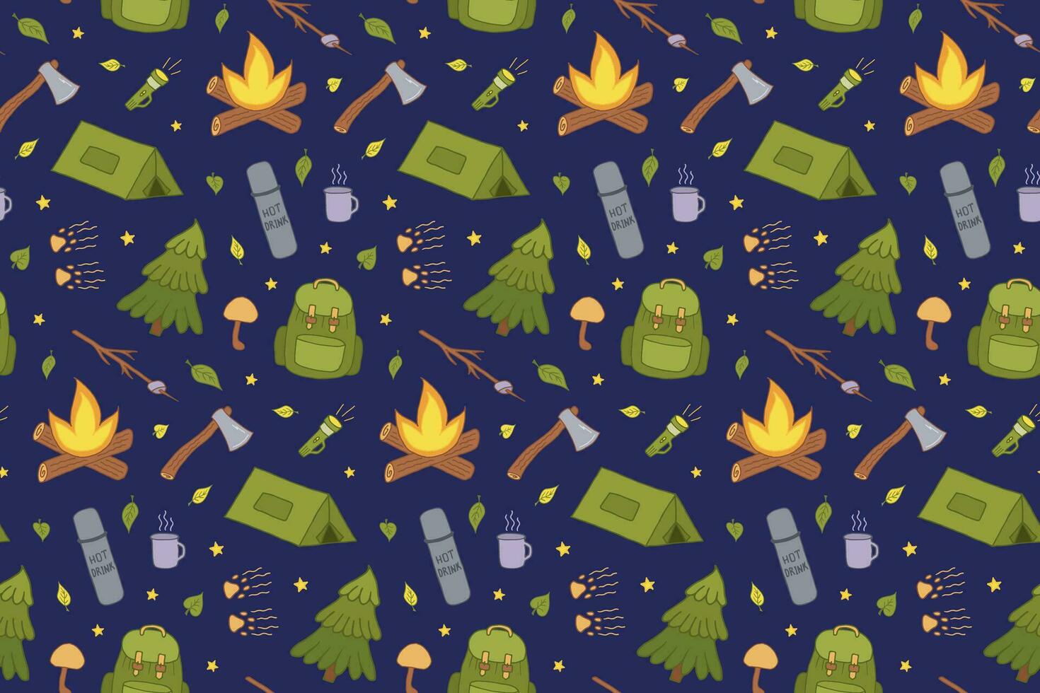 Vector Camping Seamless Pattern. Backpacking and Hiking Colorful Doodle Illustration. Local Tourism and Picnic