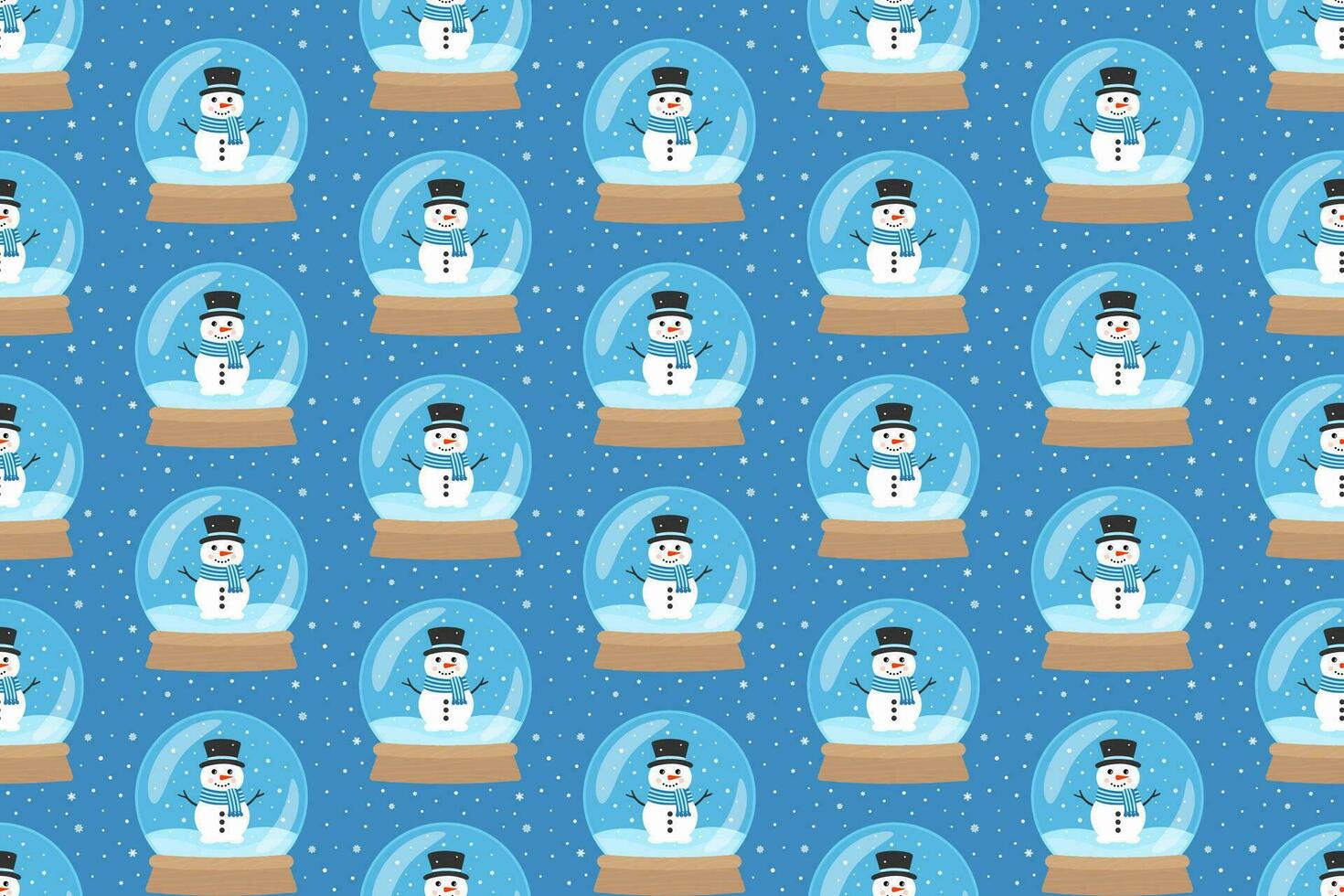 Snow Globe with Snowman. Vector Seamless Pattern on Blue Background. Christmas and New Year Design