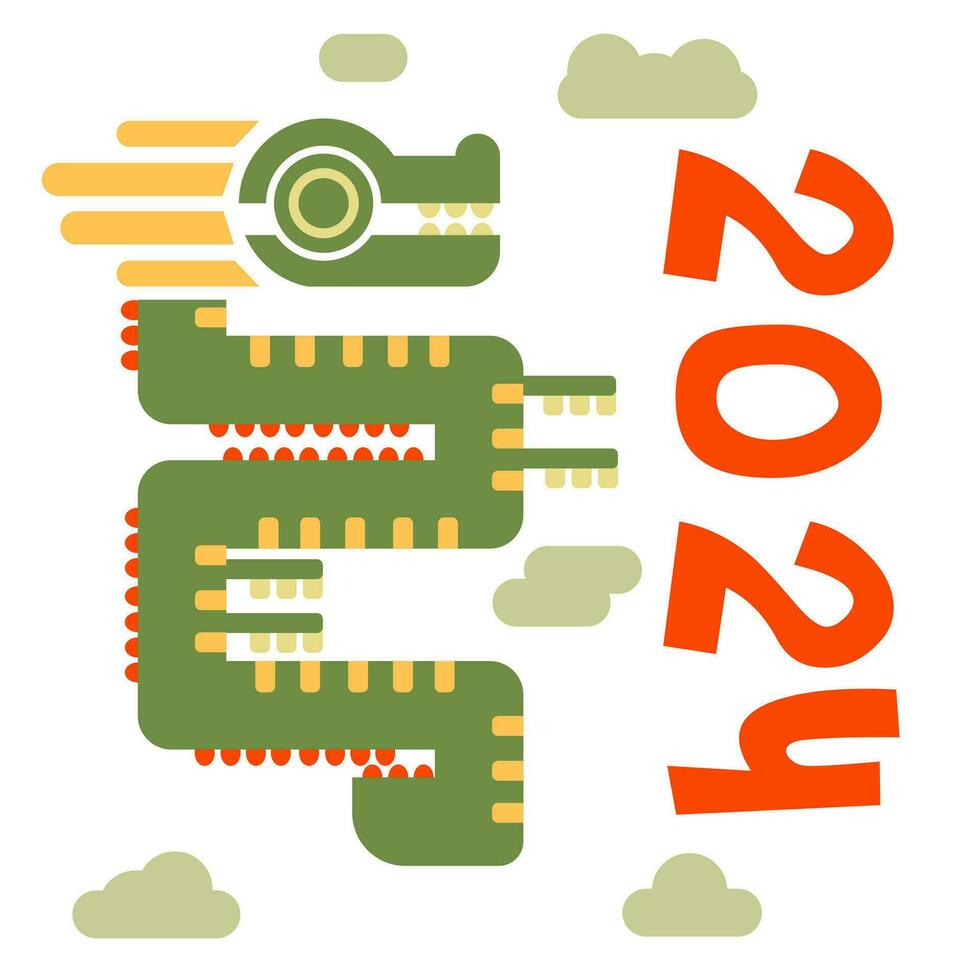 2024 Chinese New Year, the year of the Dragon. Chinese zodiac dragon in geometric flat modern style. Geometric green dragon with clouds and numbers on a white background vector