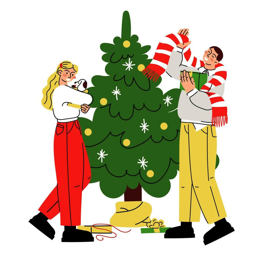 un brillante Pareja da cada otro regalos en el antecedentes de un Navidad árbol. vector chico y chica, vector plano ilustración desempacar regalos. dar regalos. un sorpresa regalo caja. Navidad, nuevo año