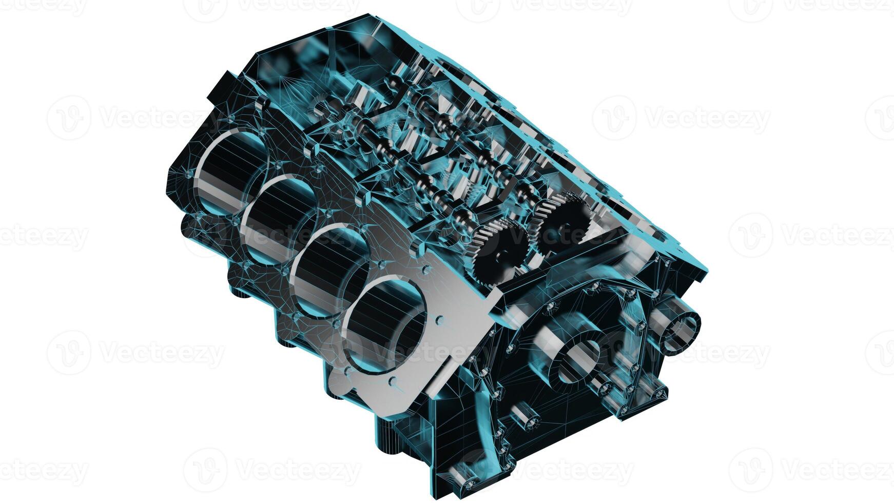 Close up fully textured realistic 3D render of top of the line vehicle motor block assembled with titanium alloy cylinders casings, pistons, and other premium industrial hardware, white background photo