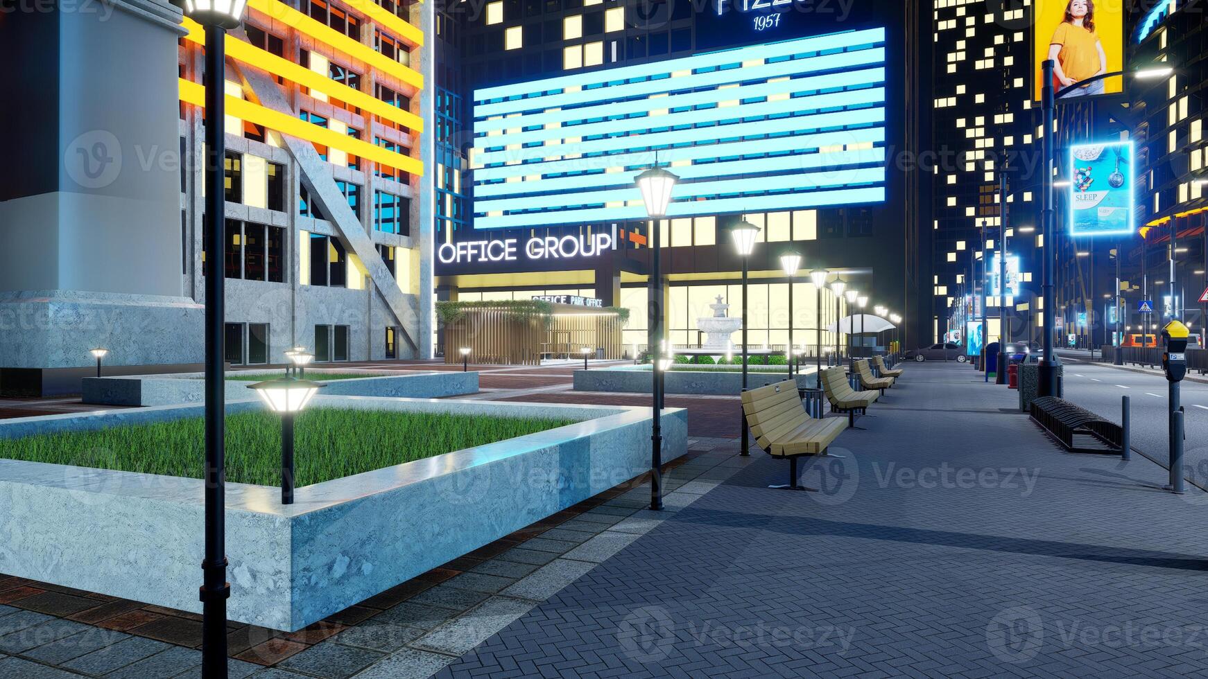 Nighttime downtown city roads with cars driving past tall buildings. Empty metropolitan town with boulevards illuminated by office park constructions and lamp posts, 3d render animation photo