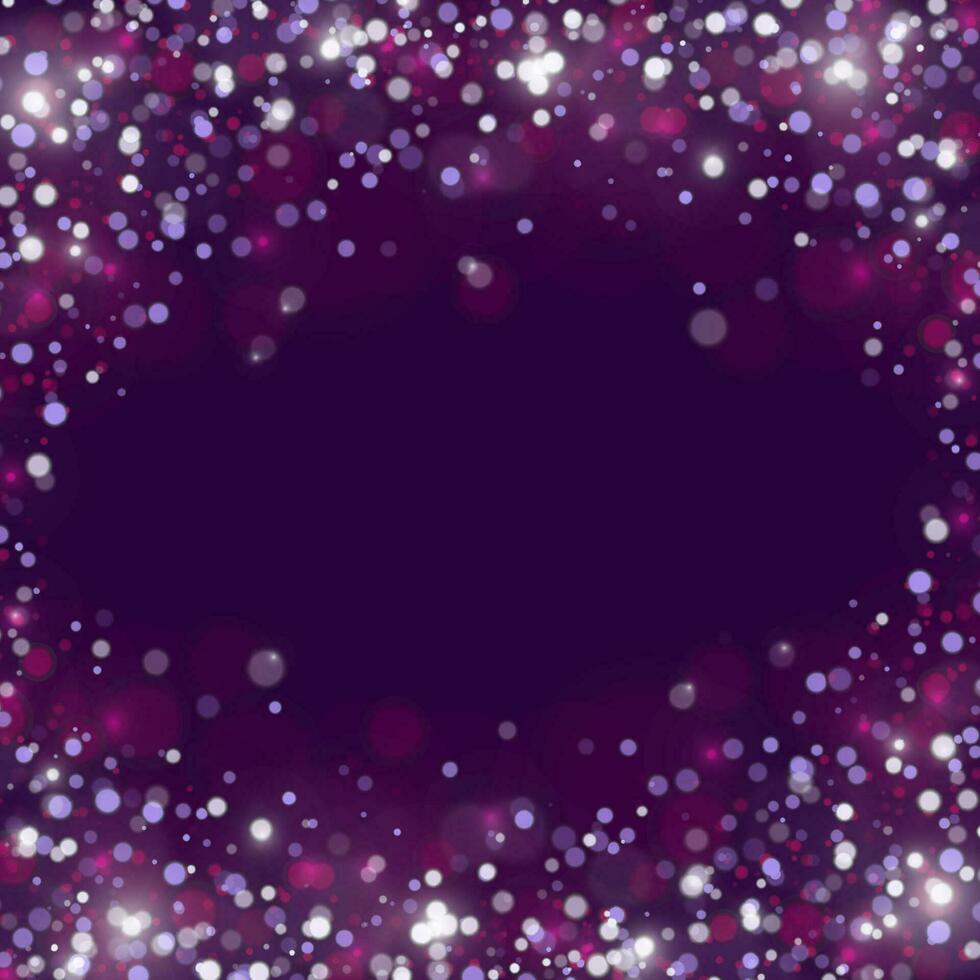 Purple background with glowing color bokeh. Luminous particles fall from above. Vector template for holiday designs