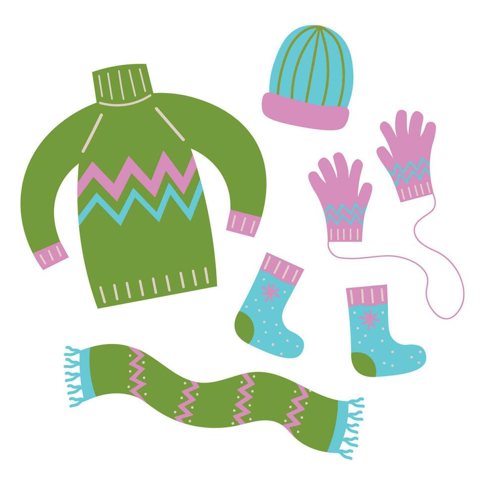 Warm accessories and clothes hand drawn flat vector illustration cartoon style. Drawing doodle with scarf, sweater, socks,cap, gloves, cozy fashion set. Icons design elements for print, card, template