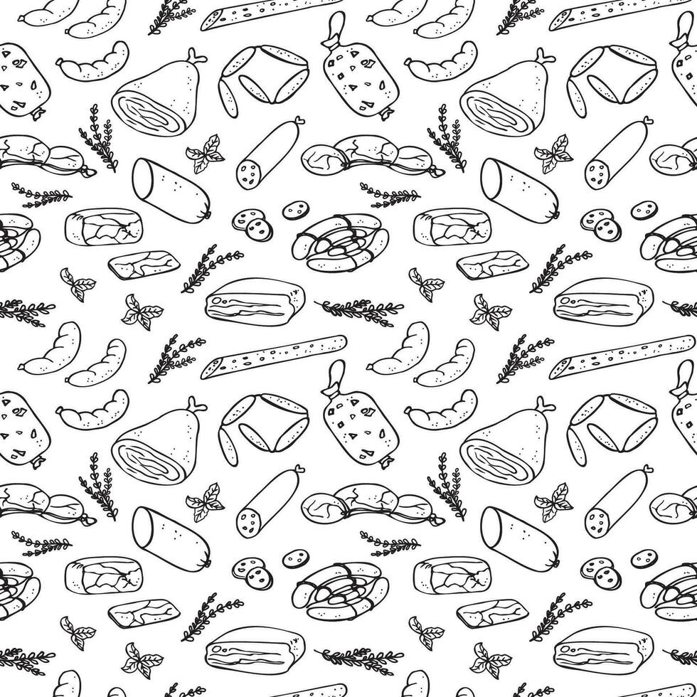 Smoked meat sausages seamless pattern hand drawn vector illustration.Different kind sausages products repeating background with bacon, sausages, pastrami, salami. Tasty meal, delicious snacks butchery