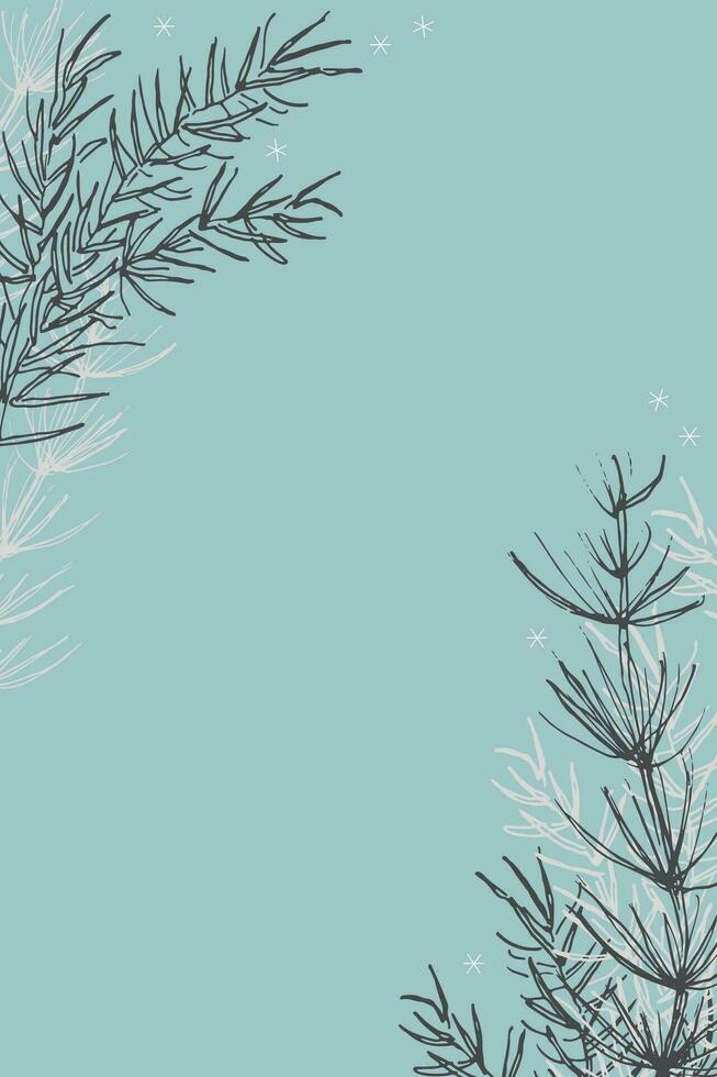 Vertical Background with fir branches for text, hand drawn vector illustration boho ornament. Backdrop with plants festive motive for congratulations Winter holidays, New Year, Christmas for card, web