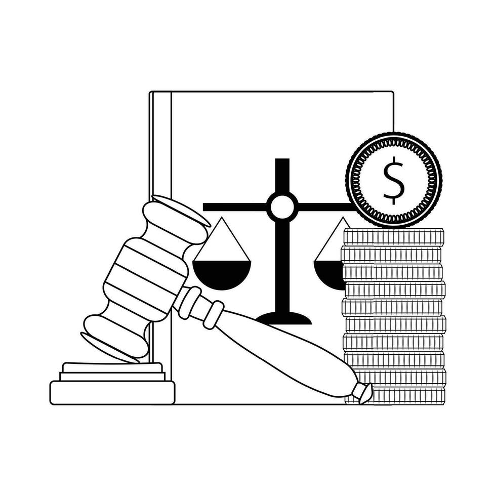 Corrupt bribery in judge. Vector line money bribe, constitution and gavel illustration