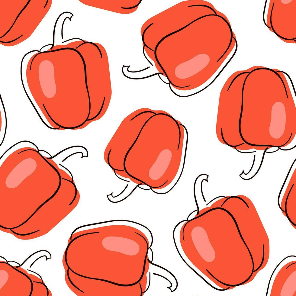 Red pepper vector seamless pattern. Line art doodle style. Isolated on a white background.