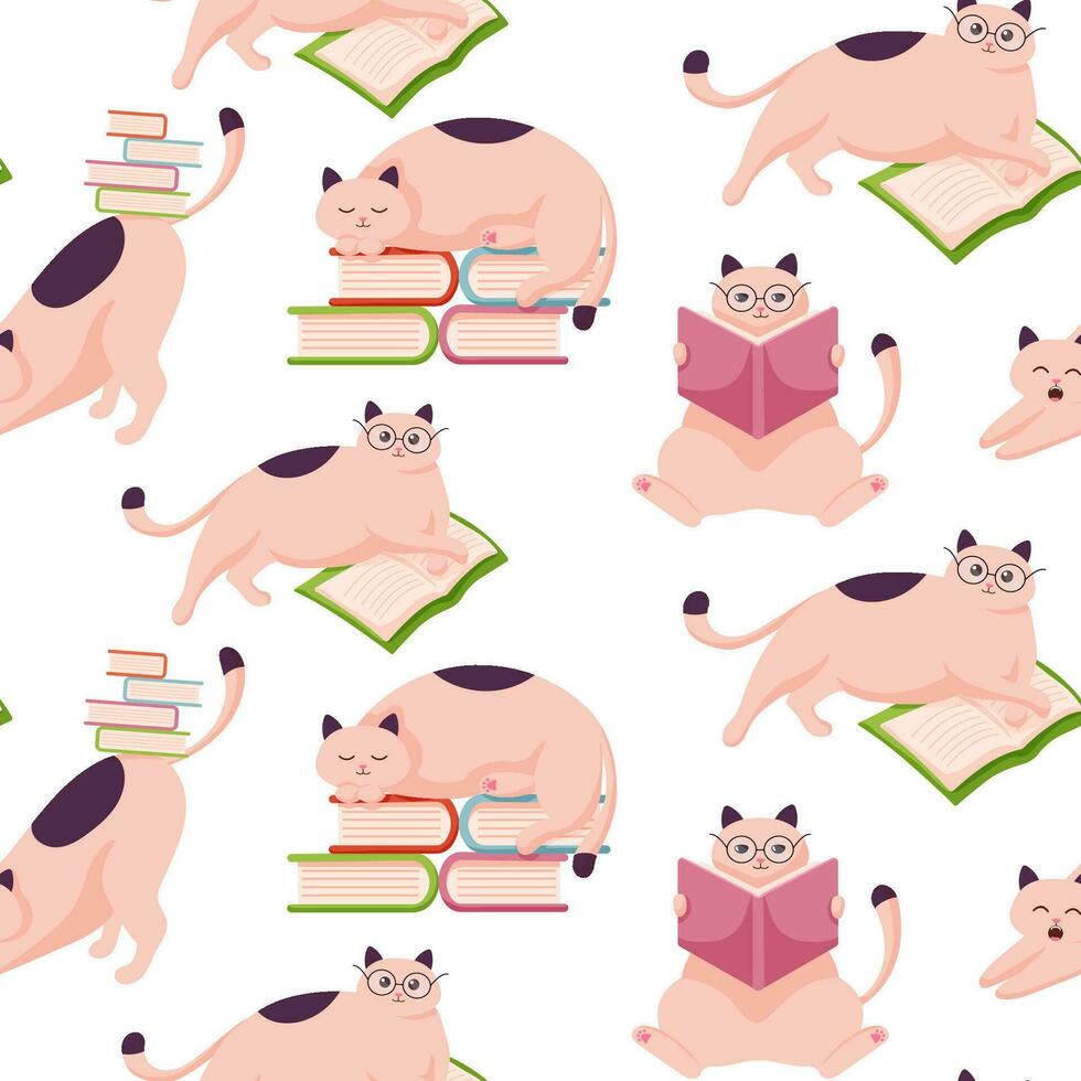 Cat character study flat pattern. Vector seamless pattern with happy cute cats character in glasses. Cartoon art style design of scientist animal cat for web, greeting card, banner.