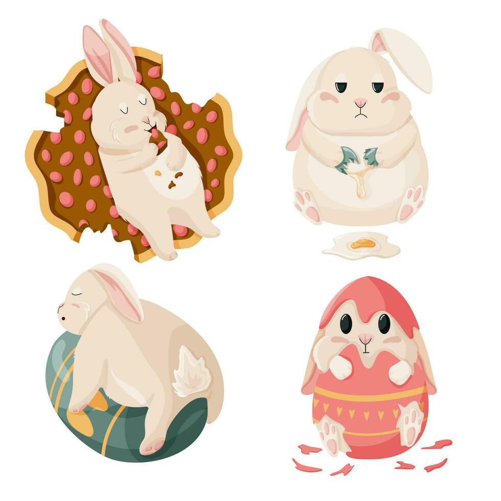 Spring easter bunny collection sticker. Happy Easter cute bunny with eggs. vector