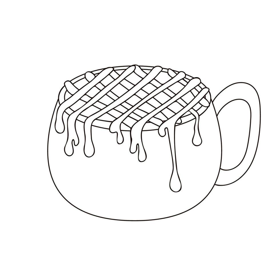 Caramel Macchiato drink in mug. Line art, sketch style. Vector illustration isolated on a white background.