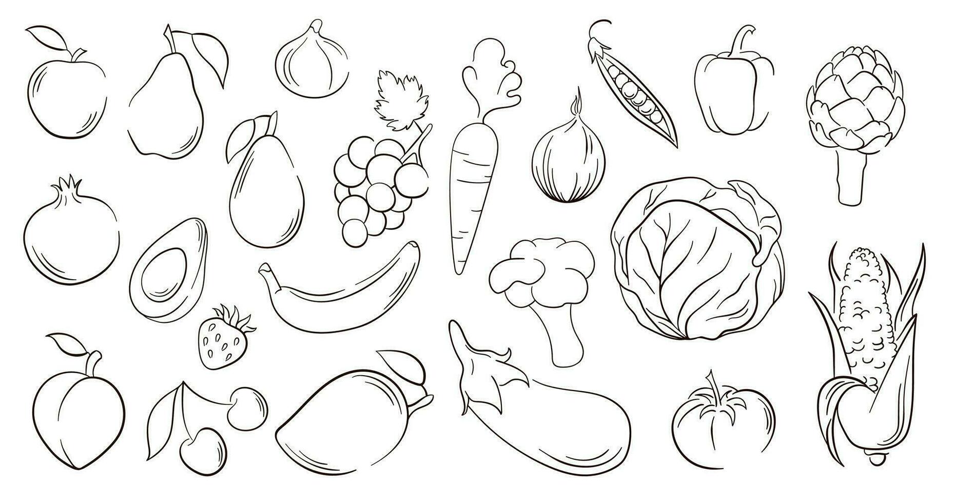 Vegetables and fruits in line art style. Big set of hand drawn vegetables, fruits and berries. Vector illustration isolated on a white background.
