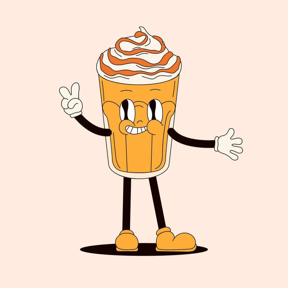 Coffee caramel frappuccino character in groovy style. Vintage funny coffee glassful. Cartoon vector illustration