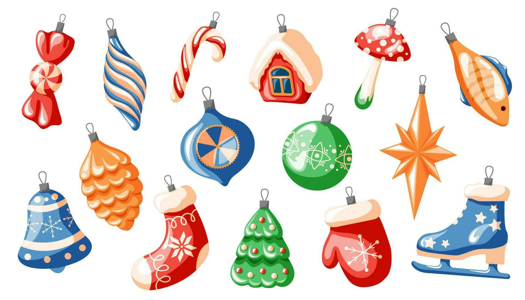 Navidad árbol decoraciones conjunto en dibujos animados estilo. colección de nuevo año juguetes y pelotas. vector ilustración aislado en un blanco antecedentes.