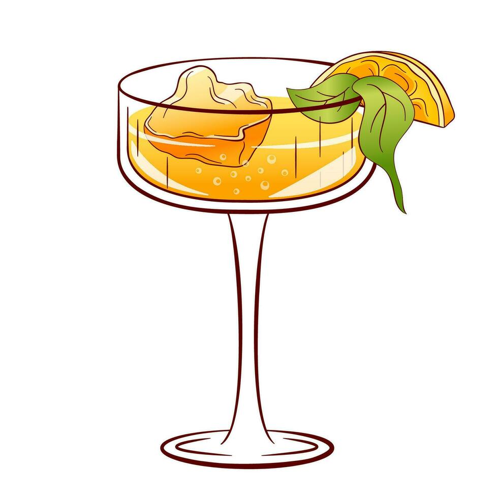 Limoncello spritz cocktail with lemon slice, basil leaves and ice cubes in line art cartoon style. Summer alcohol drink with limoncello, prosecco and club soda. Vector illustration isolated on a white
