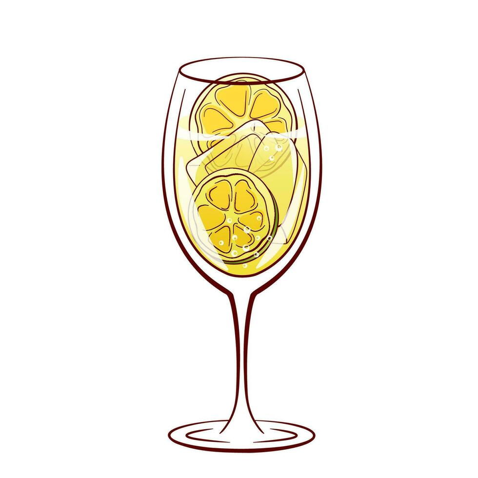 Hugo spritz cocktail with lime slice and ice cubes in line art cartoon style. Summer italian alcohol drink with liqueur, prosecco and sparkling soda water. Vector illustration isolated on a white