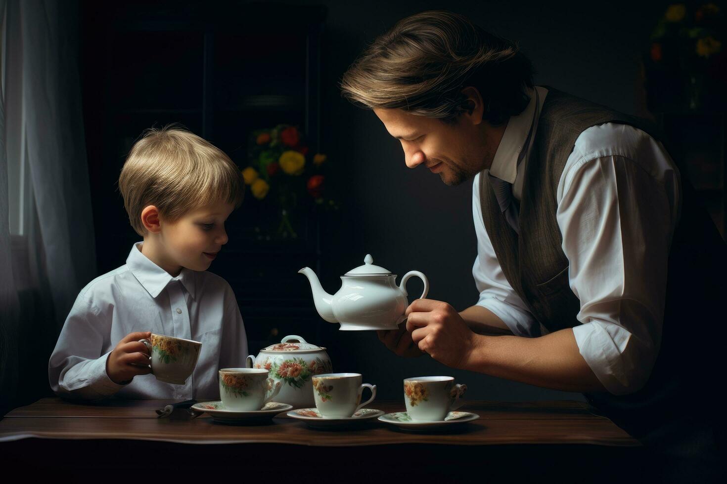 ai generado padre y hijo Bebiendo té a el mesa en un oscuro habitación, papá enseñando hijo a hacer un taza de té en madres día, ai generado foto