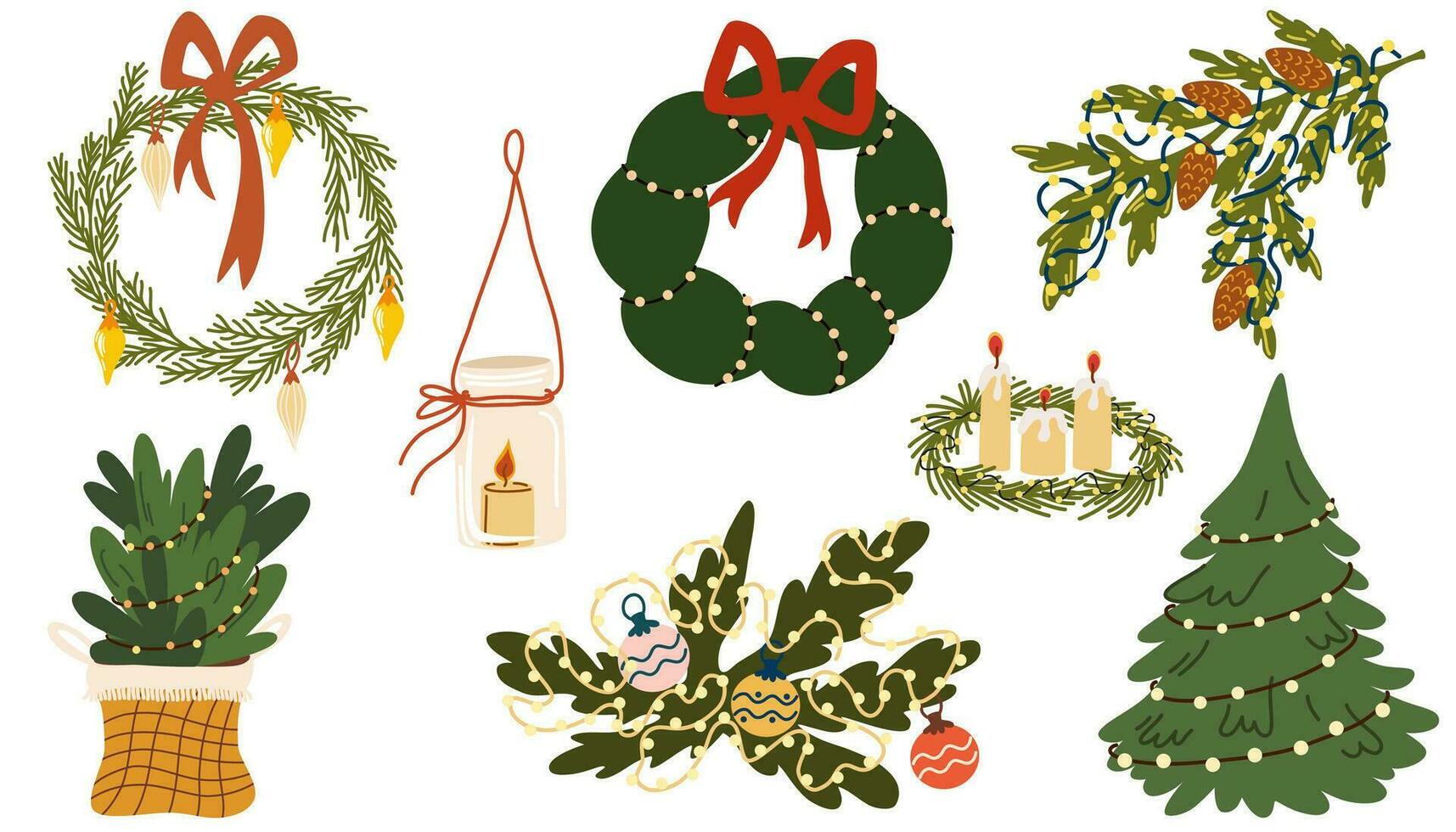 Navidad decoraciones colocar. abeto guirnalda con cintas, velas y estrellas, colgante rama con rosario, conos colgando decoración, ornamento para día festivo. plano vector ilustraciones aislado en blanco antecedentes