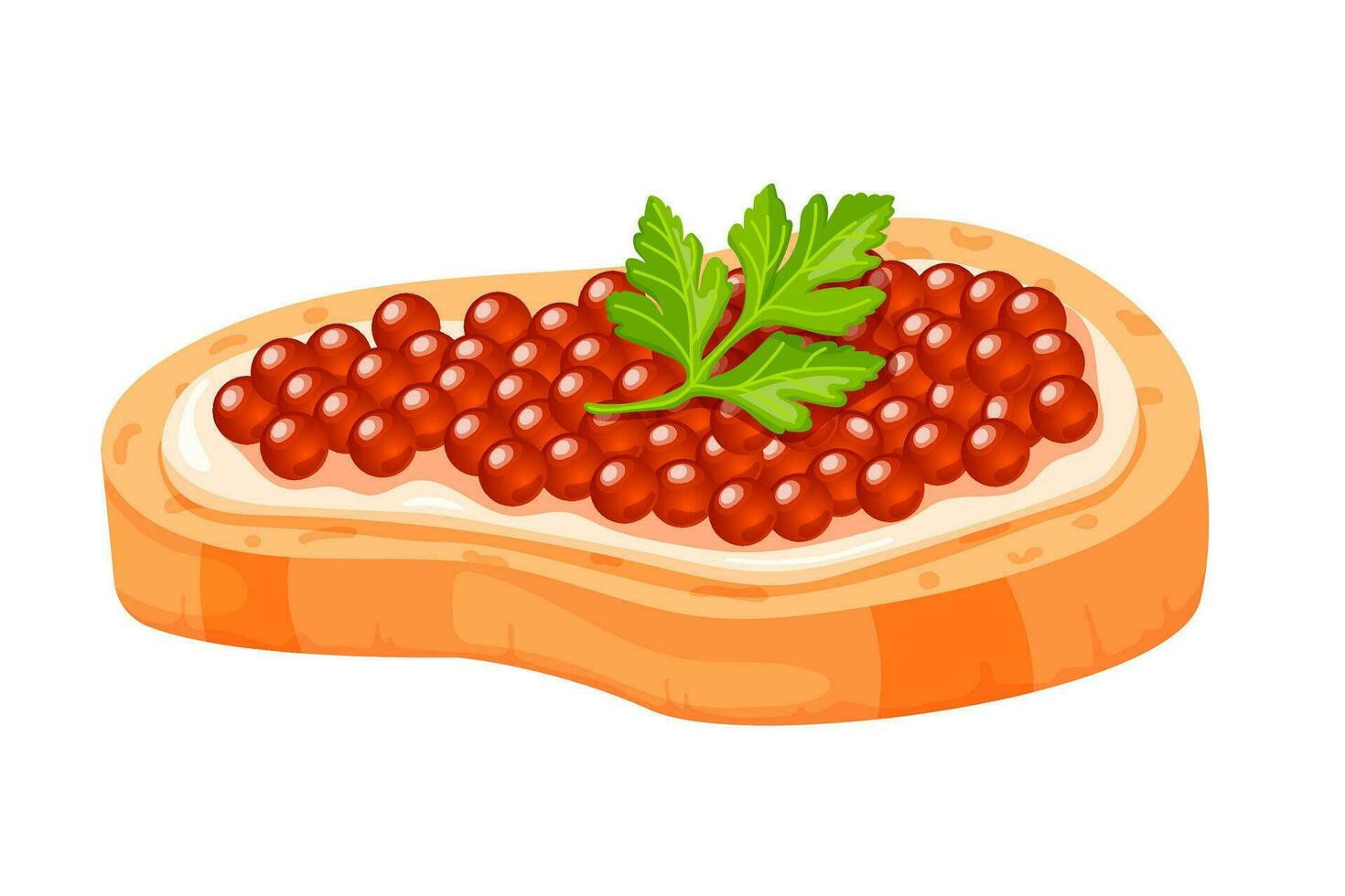 Red Caviar Sandwich with a parsley leaf. Delicious caviar on bread with butter. Seafood product. Sandwich with salmon caviar. vector